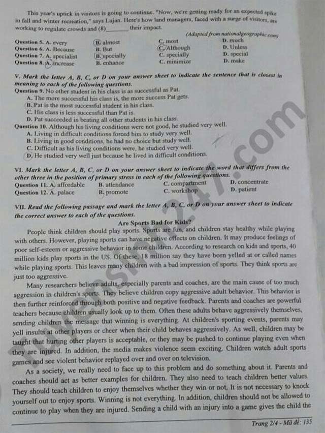 Đề thi tuyển sinh vào lớp 10 môn Anh Đắk Lắk 2021
