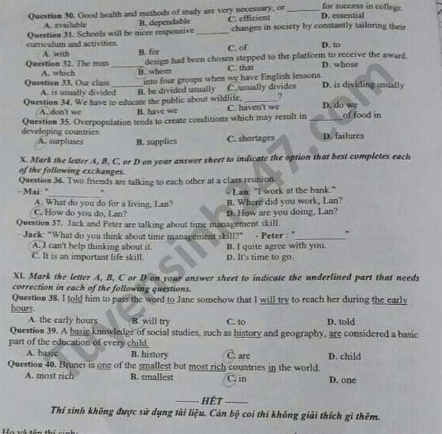 Đề thi tuyển sinh vào lớp 10 môn Anh Đắk Lắk 2021