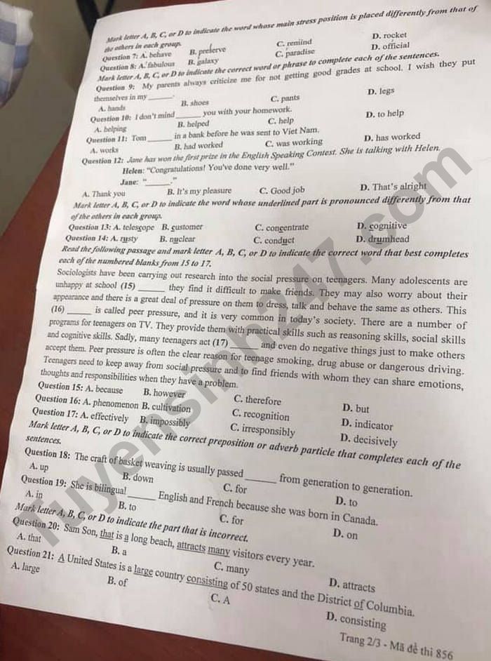 Dap an de thi vao lop 10 TP Hai Phong mon Anh nam 2021