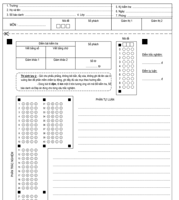 Phiếu trả lời trắc nghiệm 40 câu (Trắc nghiệm & Tự luận)