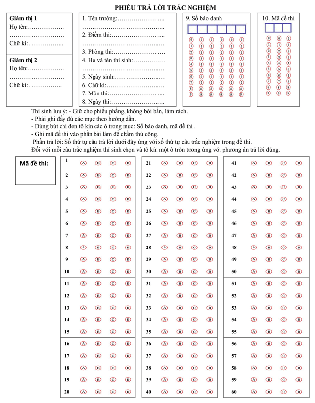 Mẫu phiếu làm bài thi trắc nghiệm 60 câu