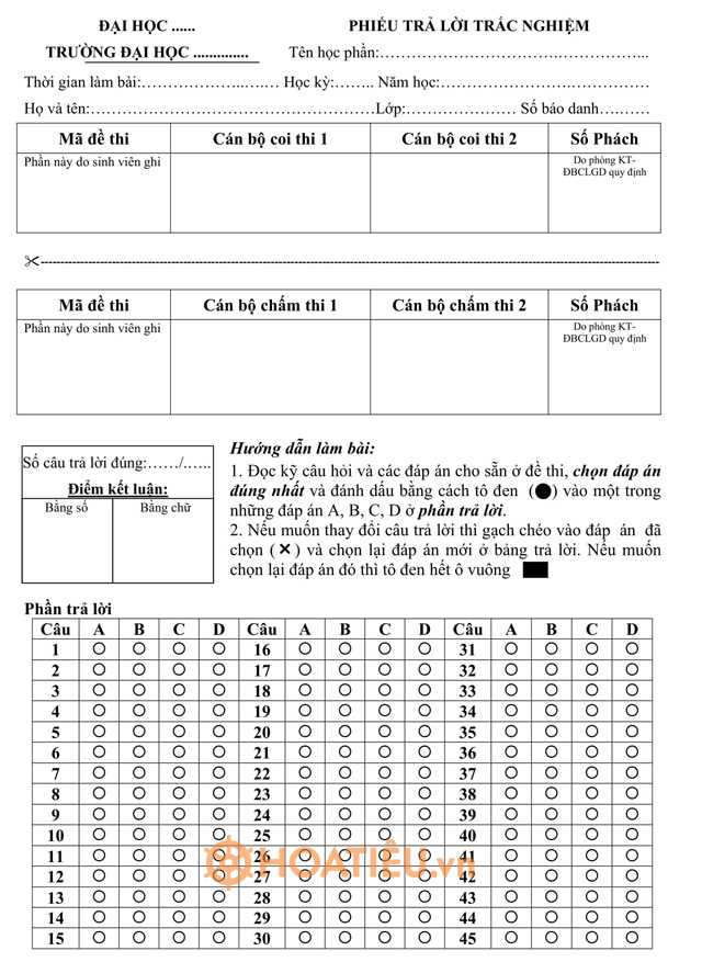 Mẫu phiếu trả lời trắc nghiệm gồm 45 câu