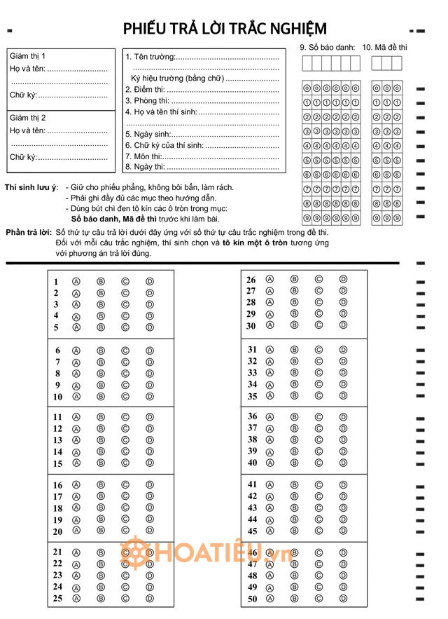 Mẫu phiếu làm bài thi trắc nghiệm 50 câu