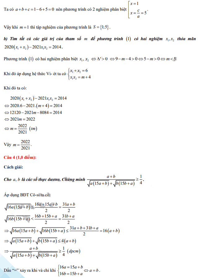 Đáp án đề thi vào lớp 10 Toán tỉnh Quảng Bình 2021