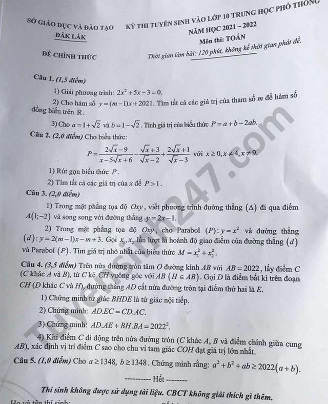 Đề thi tuyển sinh vào lớp 10 môn Toán Đắk Lắk 2021