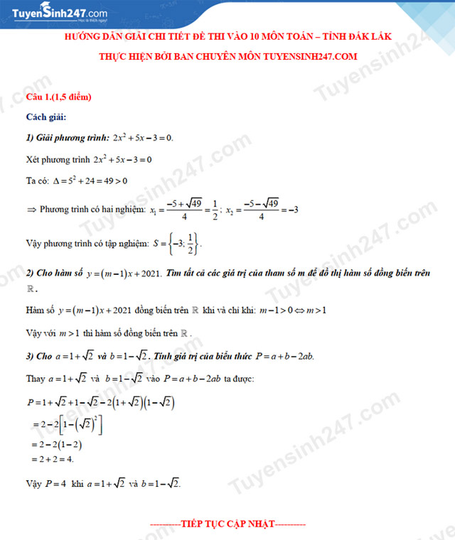 Đáp án đề thi tuyển sinh vào lớp 10 môn Toán Đắk Lắk 2021