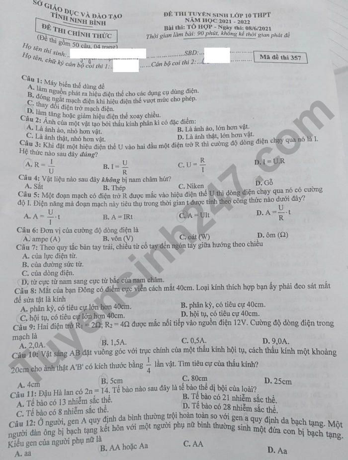 Dap an de thi vao lop 10 nam 2021 bai To hop - tinh Ninh Binh