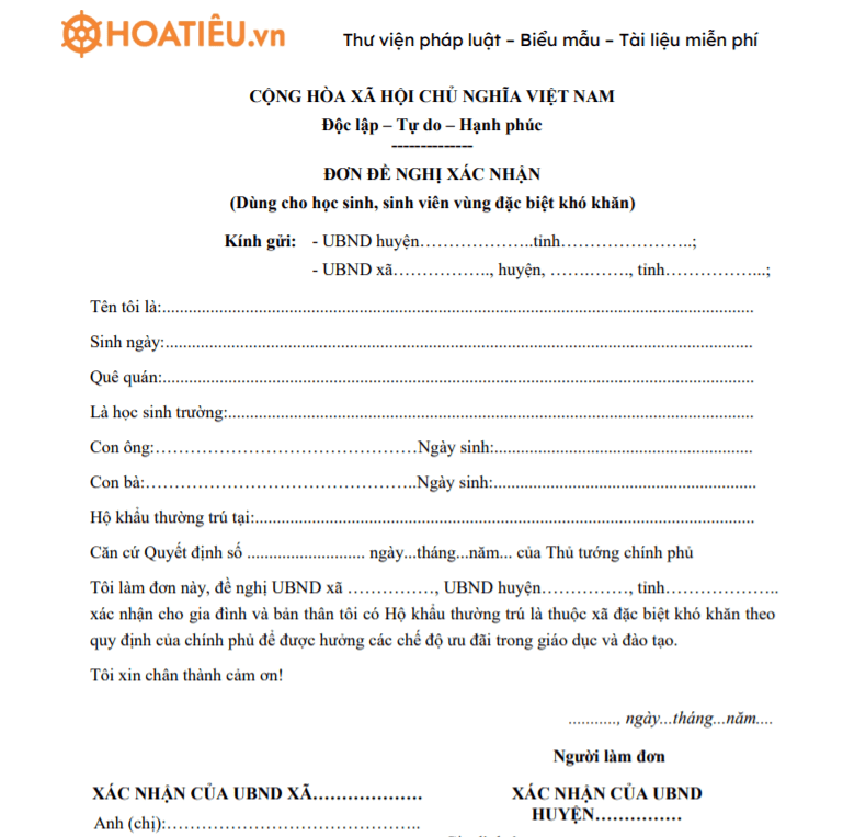 Mẫu đơn xin xác nhận cư trú tại xã đặc biệt khó khăn