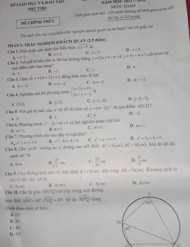 Đề thi vào lớp 10 năm 2021 môn Toán tỉnh Phú Thọ