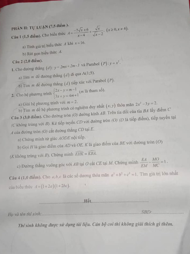Đề thi vào lớp 10 năm 2021 môn Toán tỉnh Phú Thọ