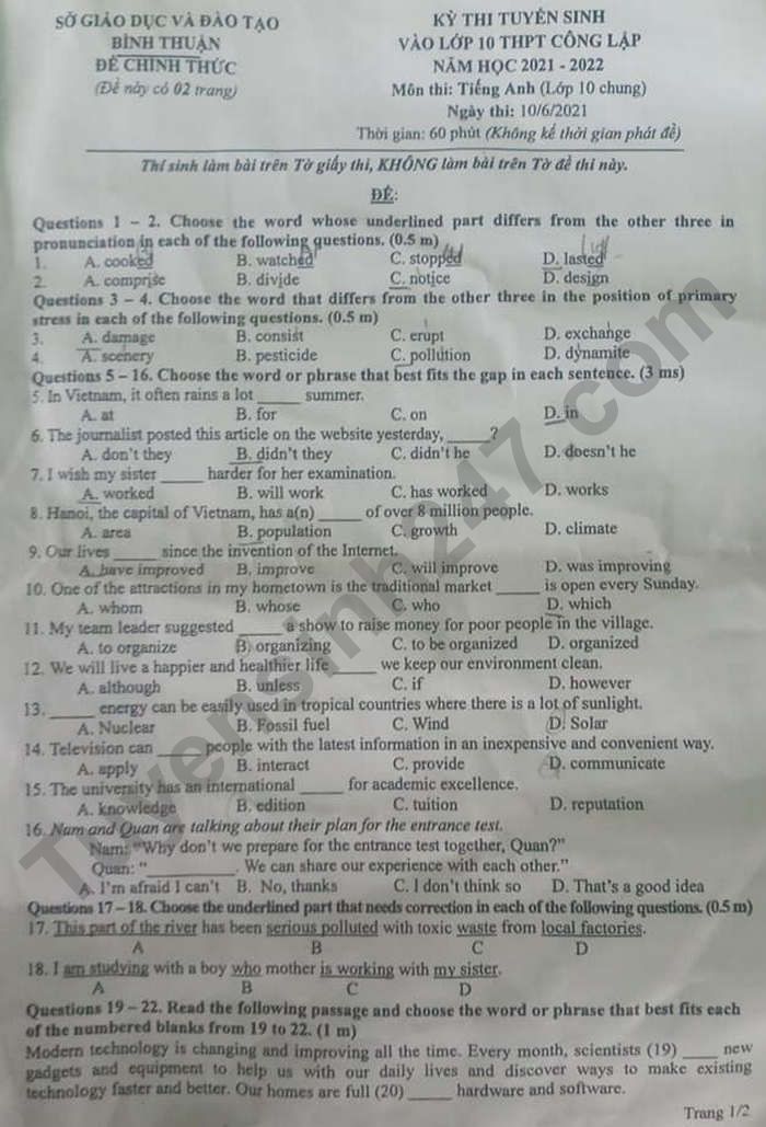 Đề thi vào lớp 10 năm 2021 môn Anh tỉnh Bình Thuận