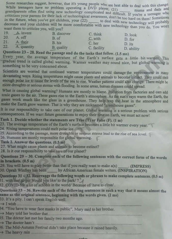 Đề thi vào lớp 10 năm 2021 môn Anh tỉnh Bình Thuận