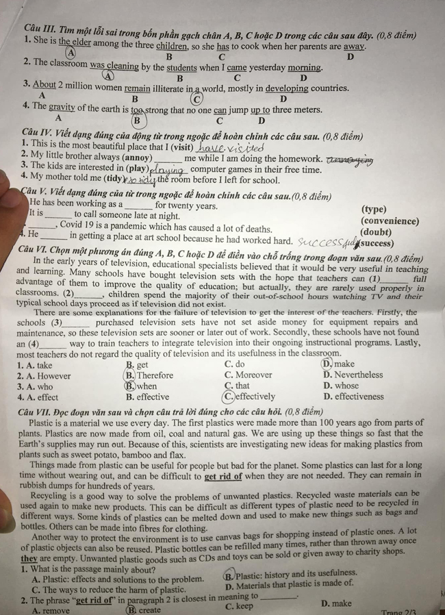 Đề thi vào lớp 10 năm 2021 môn Anh tỉnh Phú Thọ