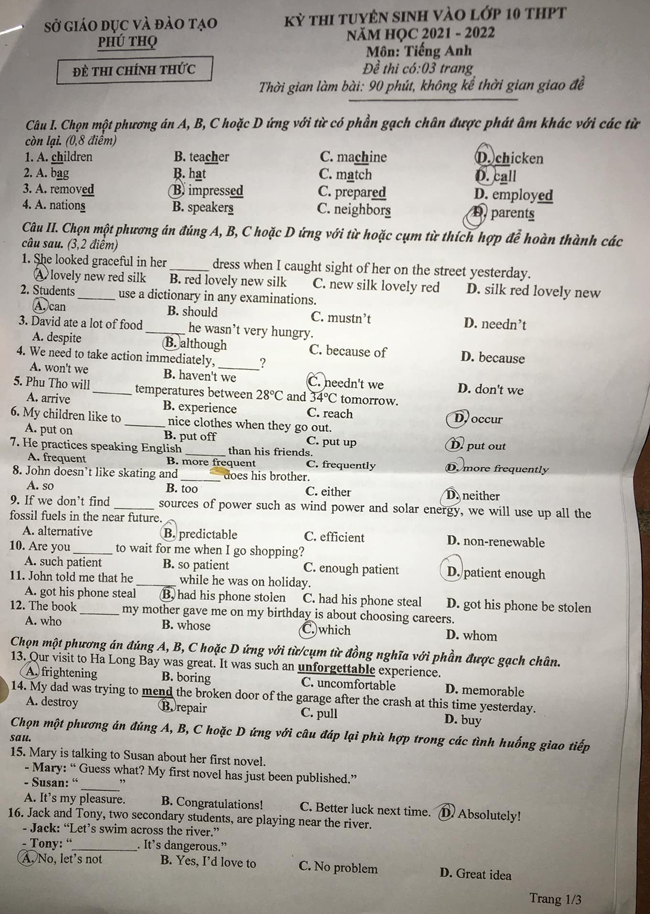 Đề thi vào lớp 10 năm 2021 môn Anh tỉnh Phú Thọ