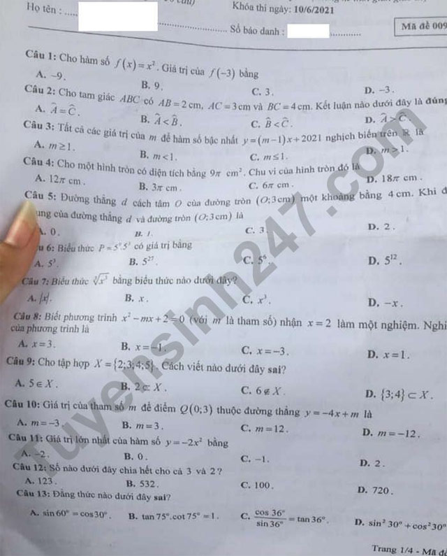 Đề thi tuyển sinh vào lớp 10 môn Toán Yên Bái 2021