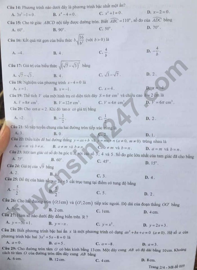 Đề thi tuyển sinh vào lớp 10 môn Toán Yên Bái 2021