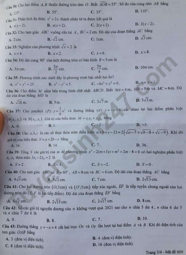 Đề thi tuyển sinh vào lớp 10 môn Toán Yên Bái 2021