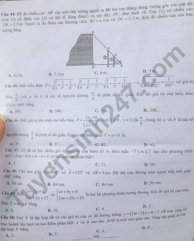 Đề thi tuyển sinh vào lớp 10 môn Toán Yên Bái 2021