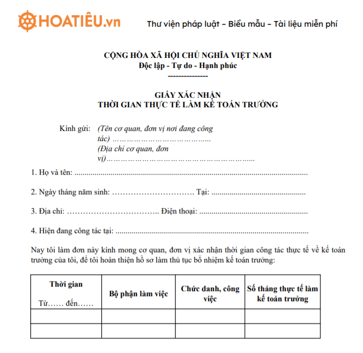 Mẫu giấy xác nhận thời gian thực tế làm Kế toán trưởng