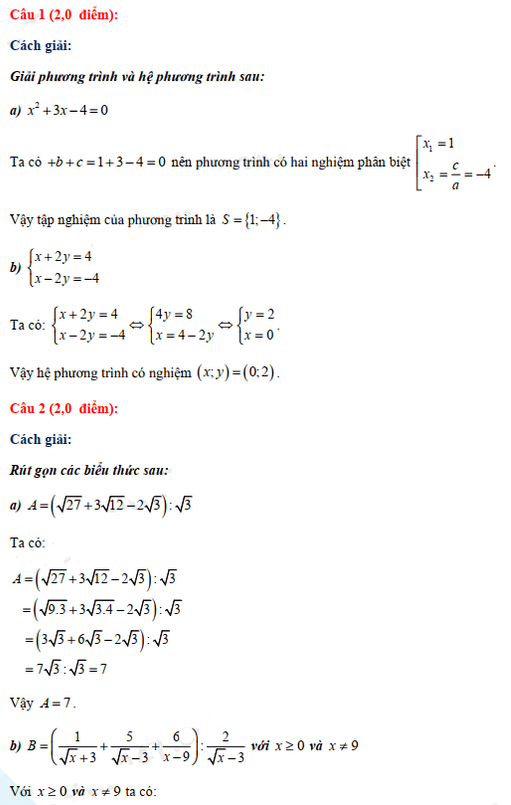 Đáp án đề thi vào lớp 10 năm 2021 môn Toán tỉnh Bình Thuận
