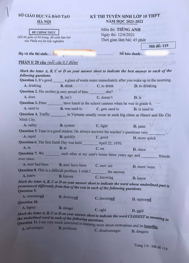 Đề thi vào 10 môn Anh Hà Nội 2021