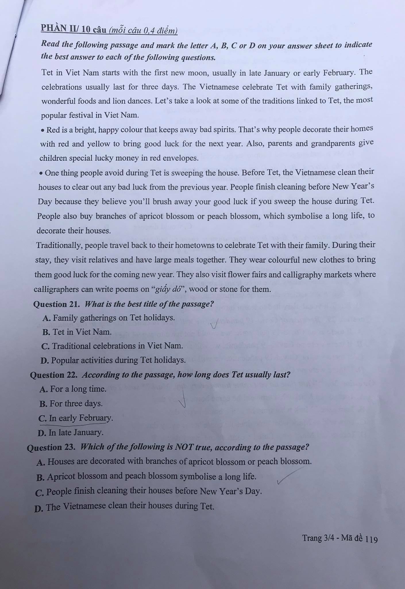 Đề thi vào 10 môn Anh Hà Nội 2021