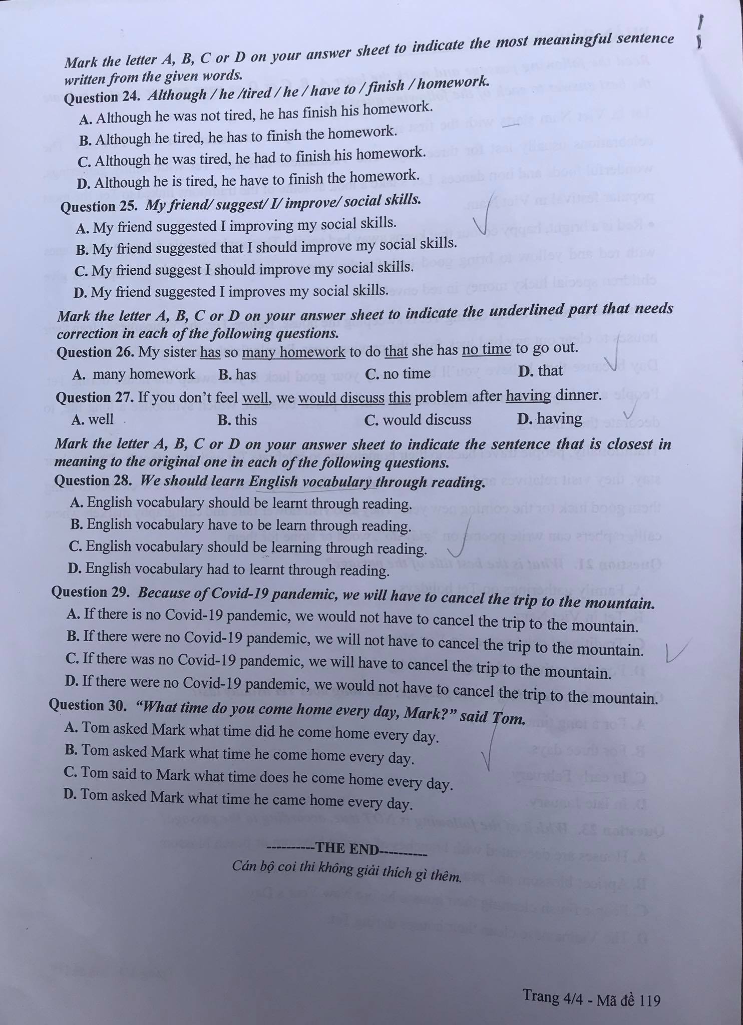 Đề thi vào 10 môn Anh Hà Nội 2021