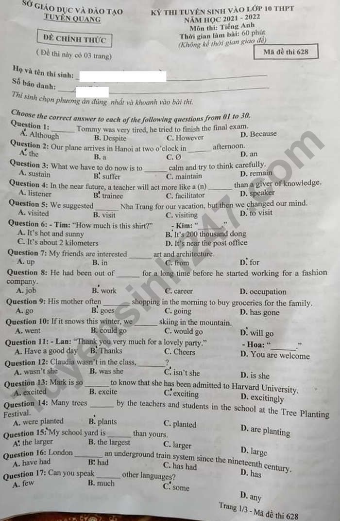 Đề thi vào 10 môn Anh Tuyên Quang 2021