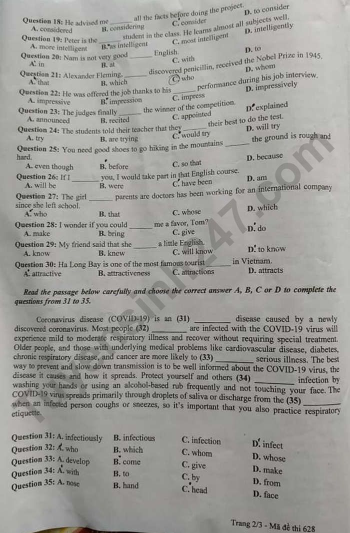 Đề thi vào 10 môn Anh Tuyên Quang 2021