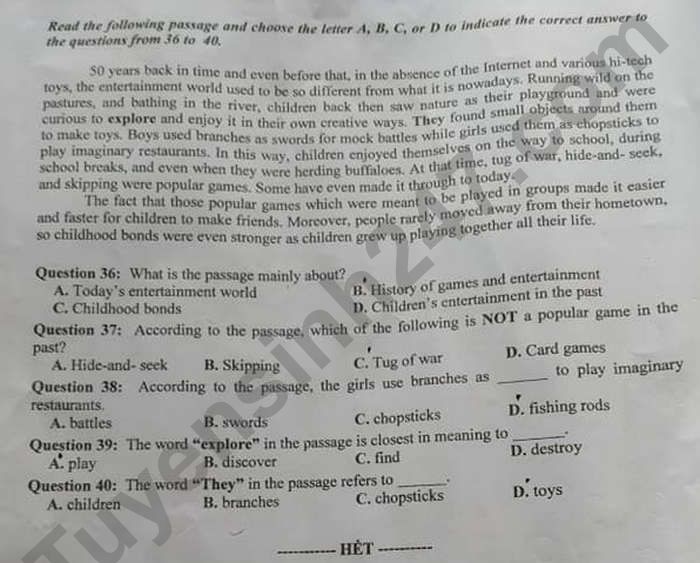 Đề thi vào 10 môn Anh Tuyên Quang 2021