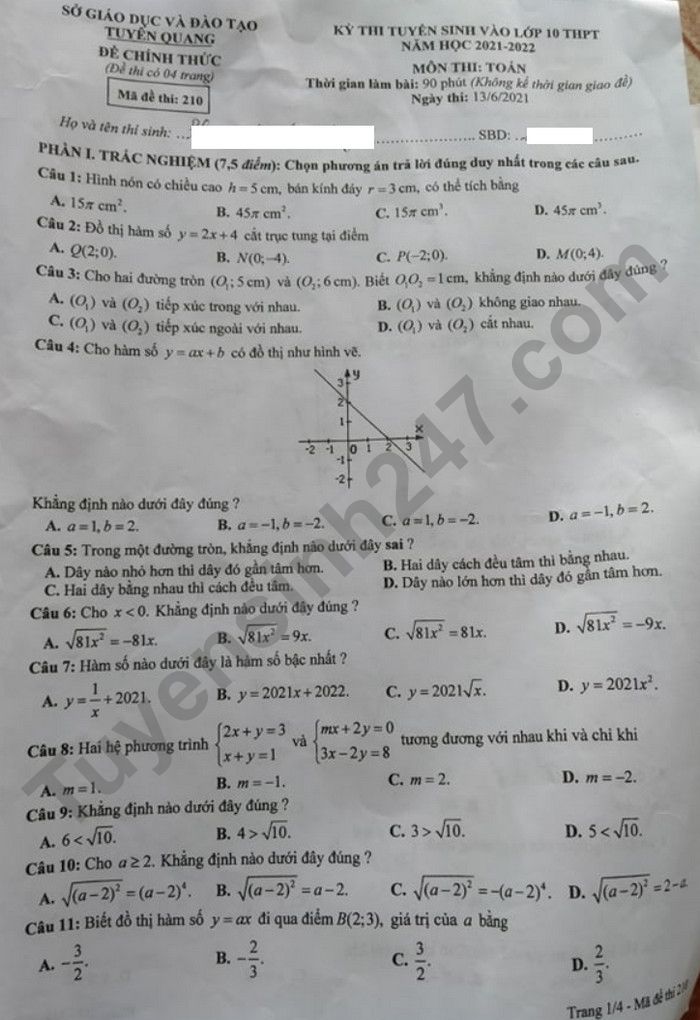 Dap an de thi vao lop 10 mon Toan 2021 - tinh Tuyen Quang