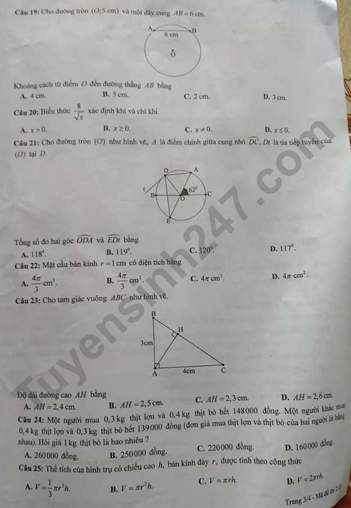 Dap an de thi vao lop 10 mon Toan 2021 - tinh Tuyen Quang