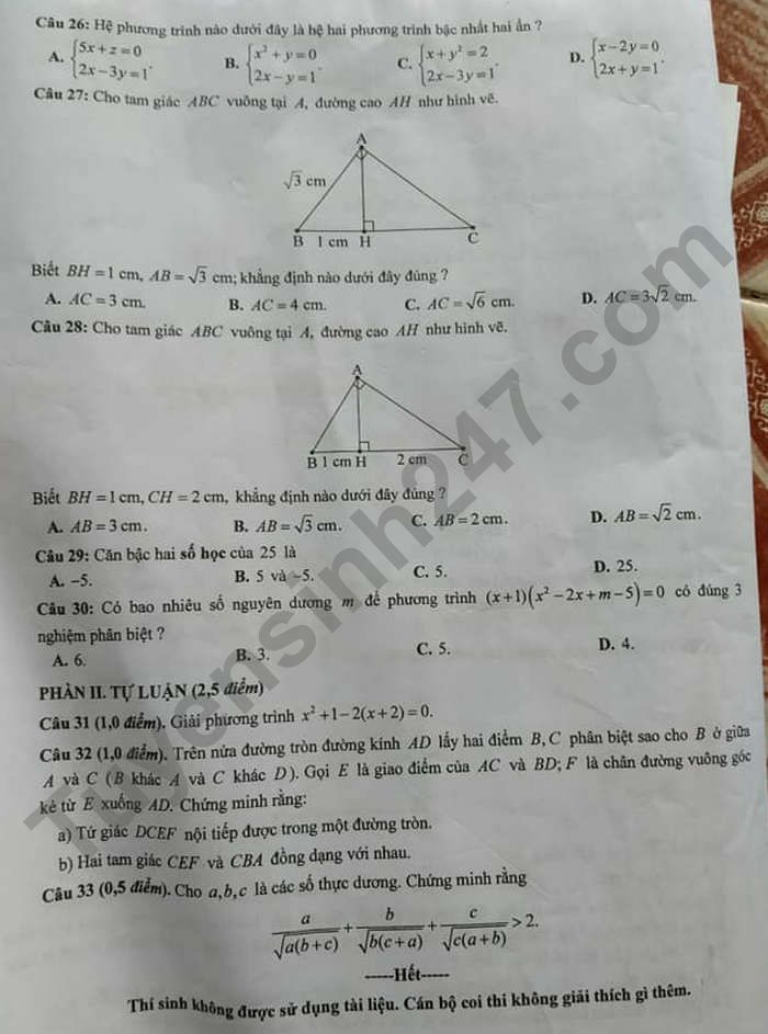 Dap an de thi vao lop 10 mon Toan 2021 - tinh Tuyen Quang
