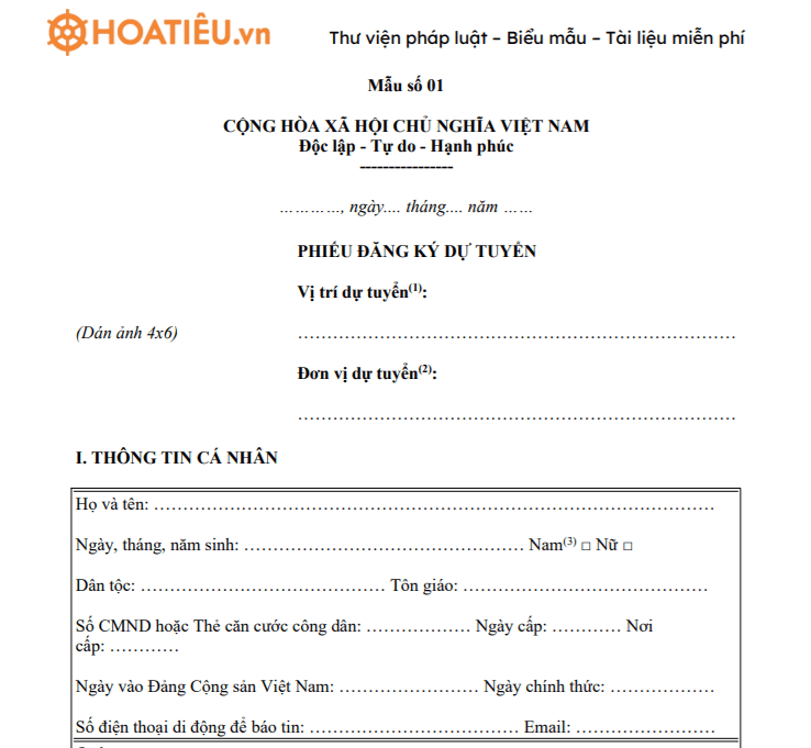 Mẫu phiếu đăng ký dự tuyển thi công chức cấp xã