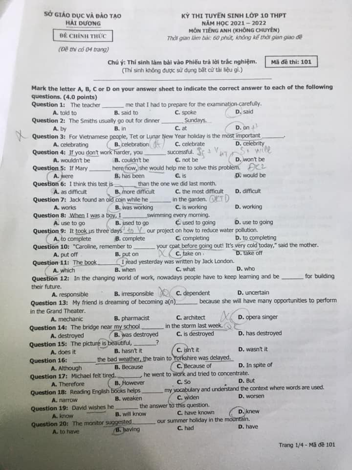 Đề thi vào 10 môn Anh Hải Dương 2021