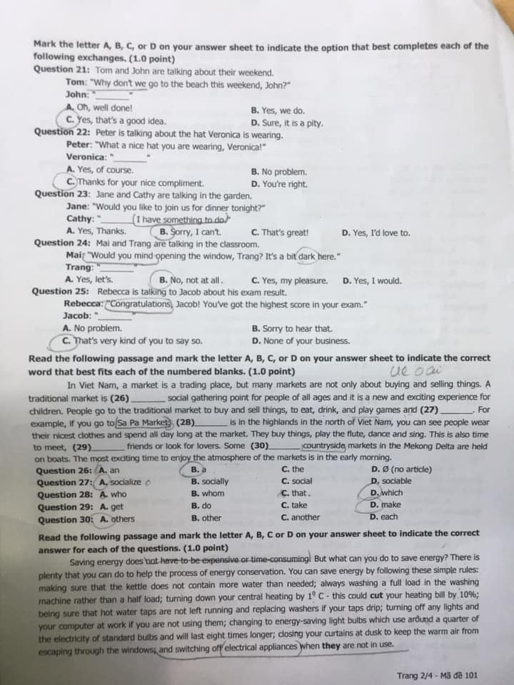Đề thi vào 10 môn Anh Hải Dương 2021 mã 101