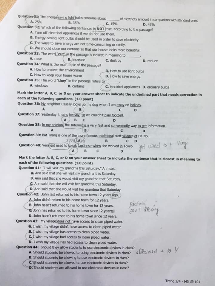 Đề thi vào 10 môn Anh Hải Dương 2021 mã 101