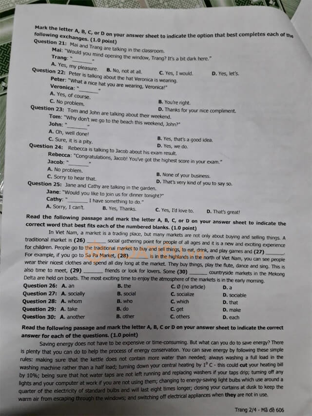 Đề thi vào 10 môn Anh Hải Dương 2021 mã đề 606