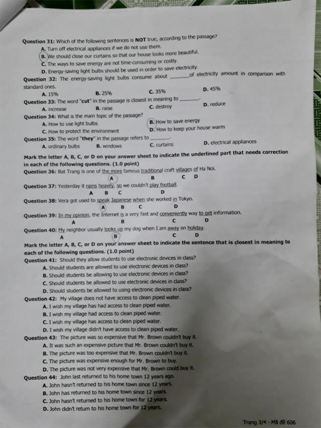 Đề thi vào 10 môn Anh Hải Dương 2021 mã đề 606