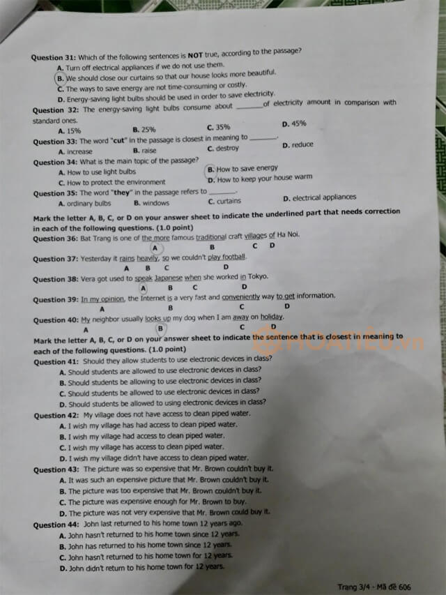 Đề thi vào 10 môn Anh Hải Dương 2021 mã đề 606
