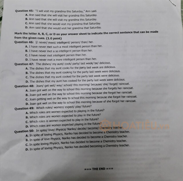 Đề thi vào 10 môn Anh Hải Dương 2021 mã đề 606