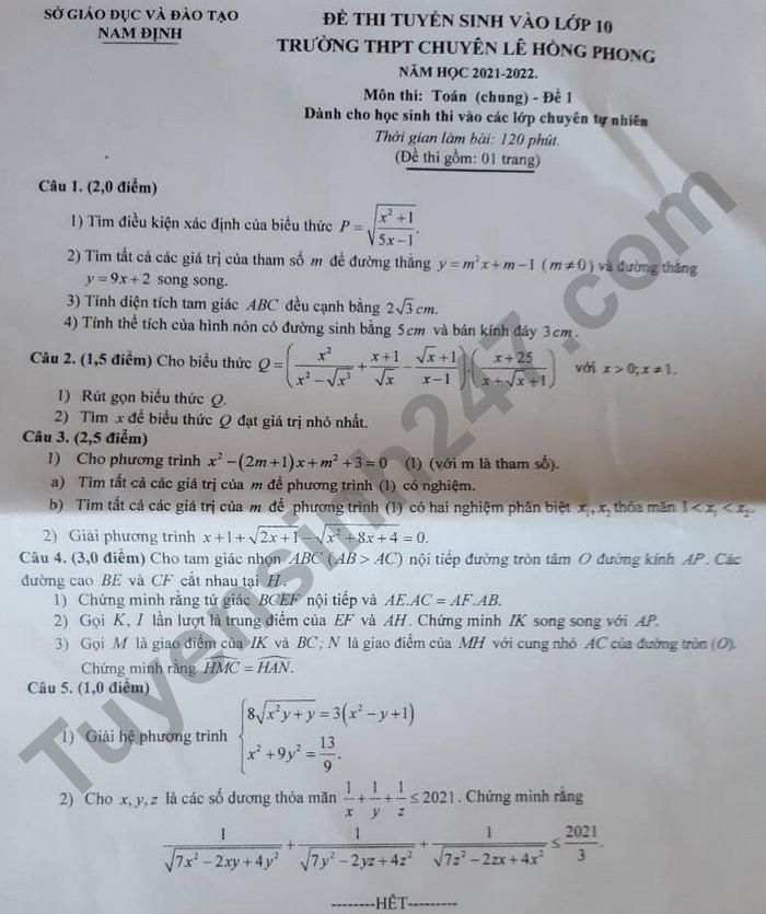 Đề thi vào 10 môn Toán Nam Định 2021