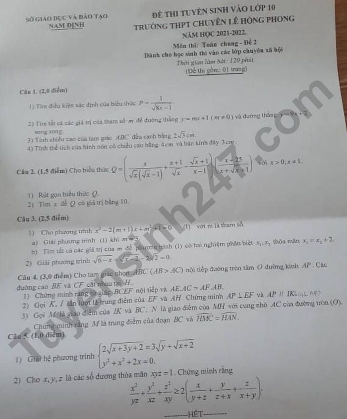 Đề thi vào 10 môn Toán Nam Định 2021