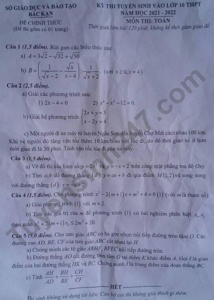 Đề thi vào 10 môn Toán Bắc Kạn 2021