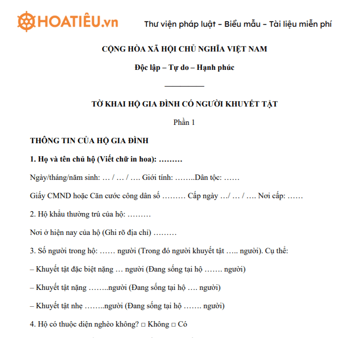 Mẫu tờ khai hộ gia đình có người khuyết tật
