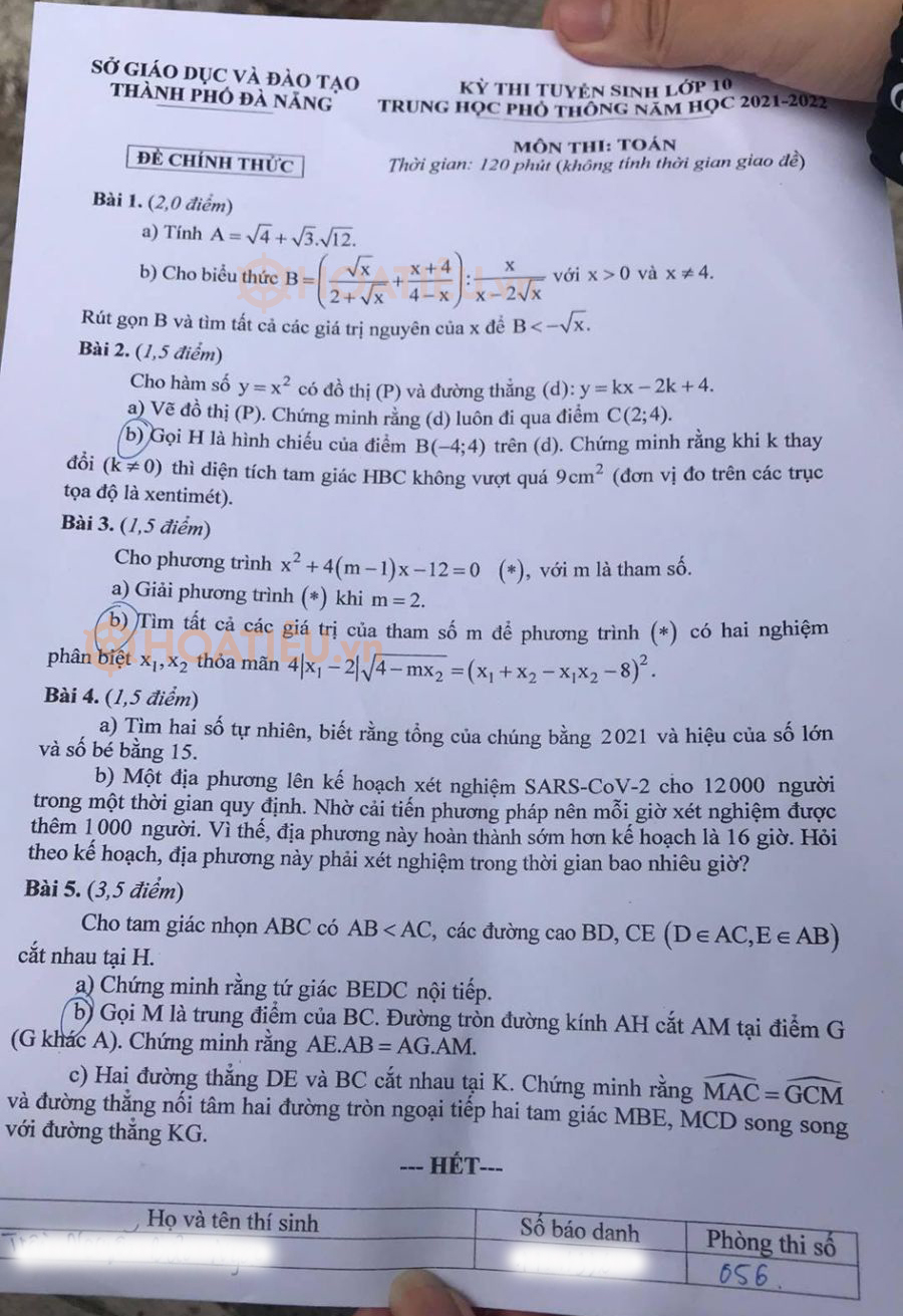 Đề thi vào 10 môn Toán Đà Nẵng 2021