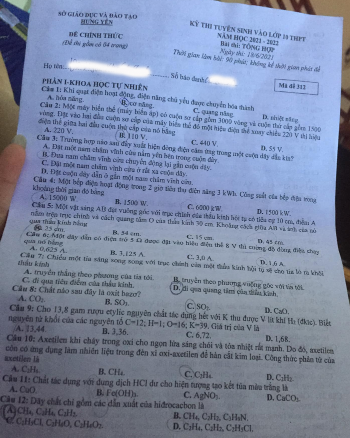Đề thi tổng hợp vào lớp 10 Hưng Yên 2021