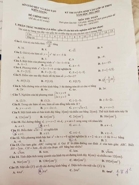 Đề thi vào lớp 10 môn Toán Kiên Giang 2021