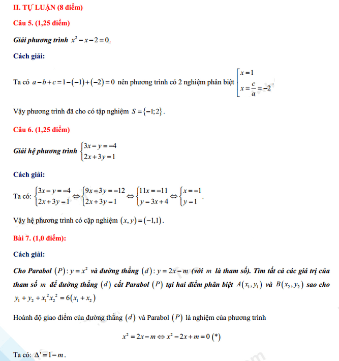 Đáp án đề thi vào lớp 10 năm 2021 môn Toán tỉnh Vĩnh Phúc