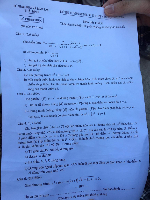 Đề thi vào lớp 10 môn Toán tại Thái Bình năm 2021 